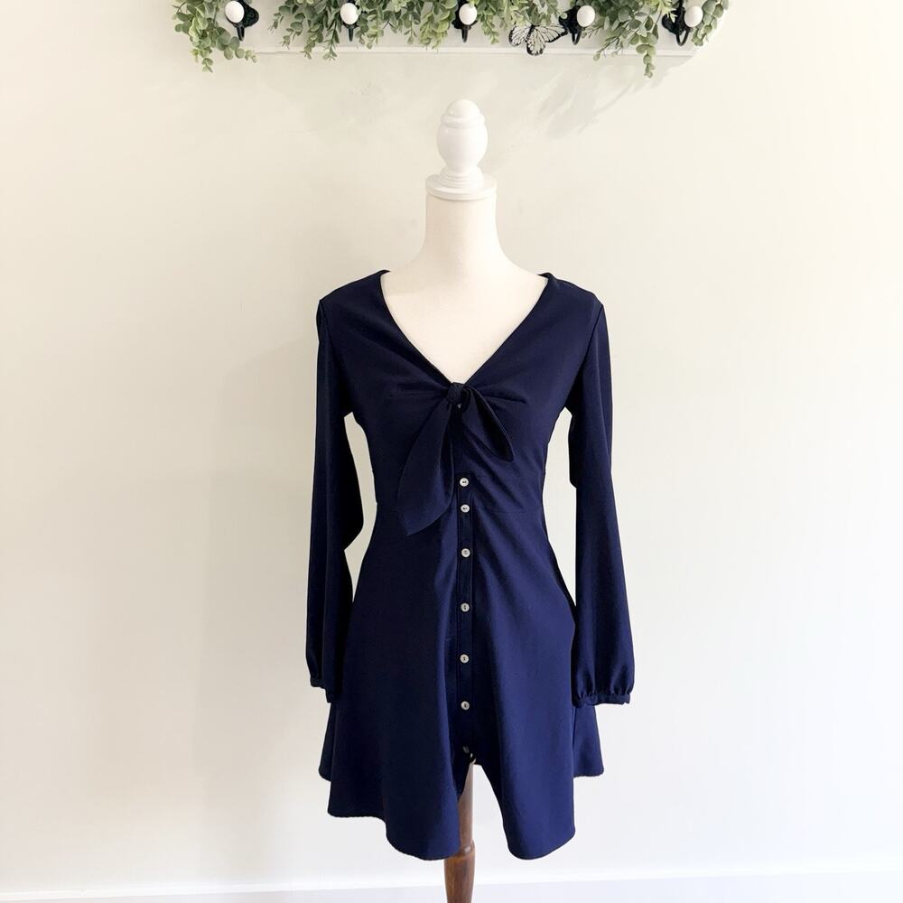 Hutch Willow Navy Blue V- Neck Long SleeveButton Front Fit Flare Mini Dress Sz S